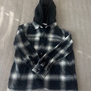 Old Navy, Black and White Plaid Hooded Button-Up Shirt, Size 10-12